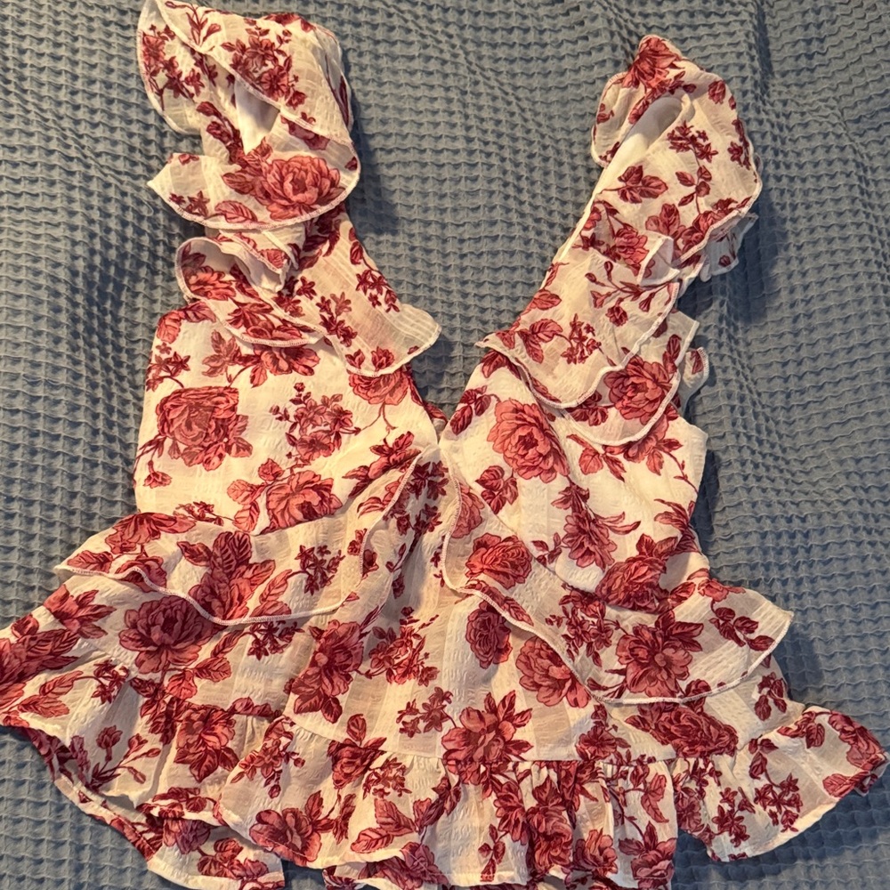 Francesca's Collections White Camisole with Red Rose Print and Ruffle Straps